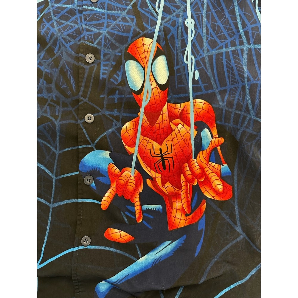 Marvel Spider Man Hawaiian Shirt Mens Blue Graphic Button Up 2002 Size XL/XXL - Picture 5 of 7